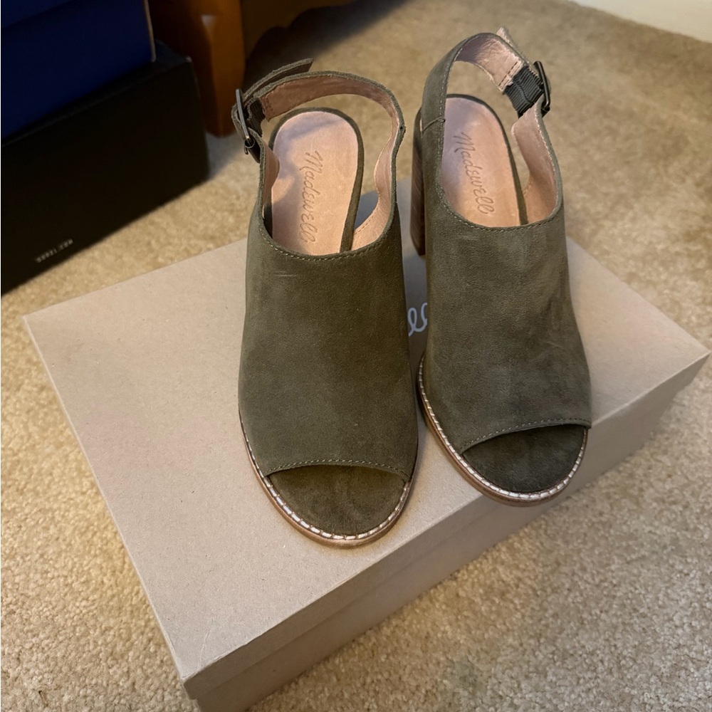 Madewell Olive Green Peep Toe Block Stacked Heel Slingback Heels, size 6 NIB - Picture 11 of 11